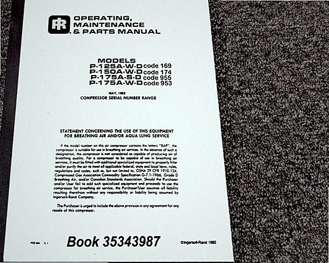 Ingersoll-Rand P175D Code 955 Air Compressor Parts Operator & Maintenance Manual